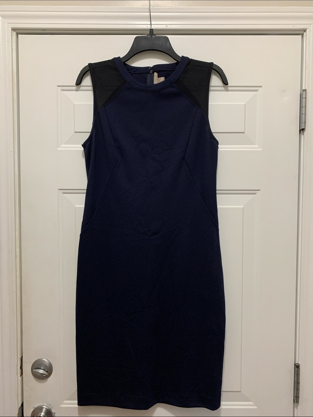 3/$15 Banana Republic Navy Sheath Dress with Black Mesh Shoulder Accents Size 8